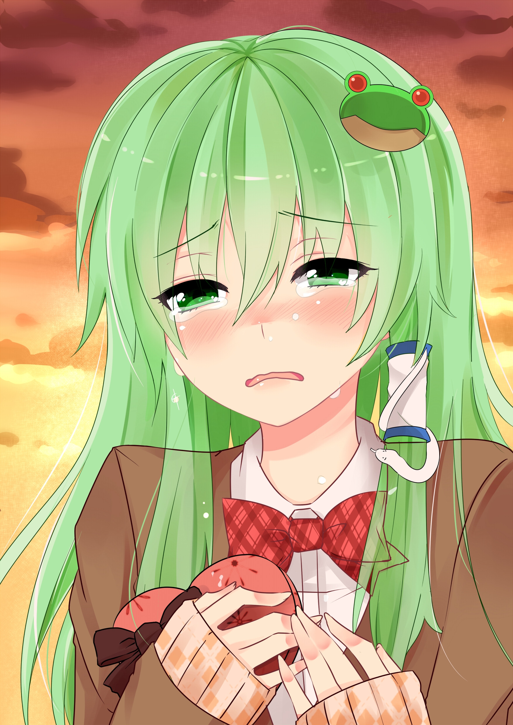 anime girl with brown hair and green eyes crying