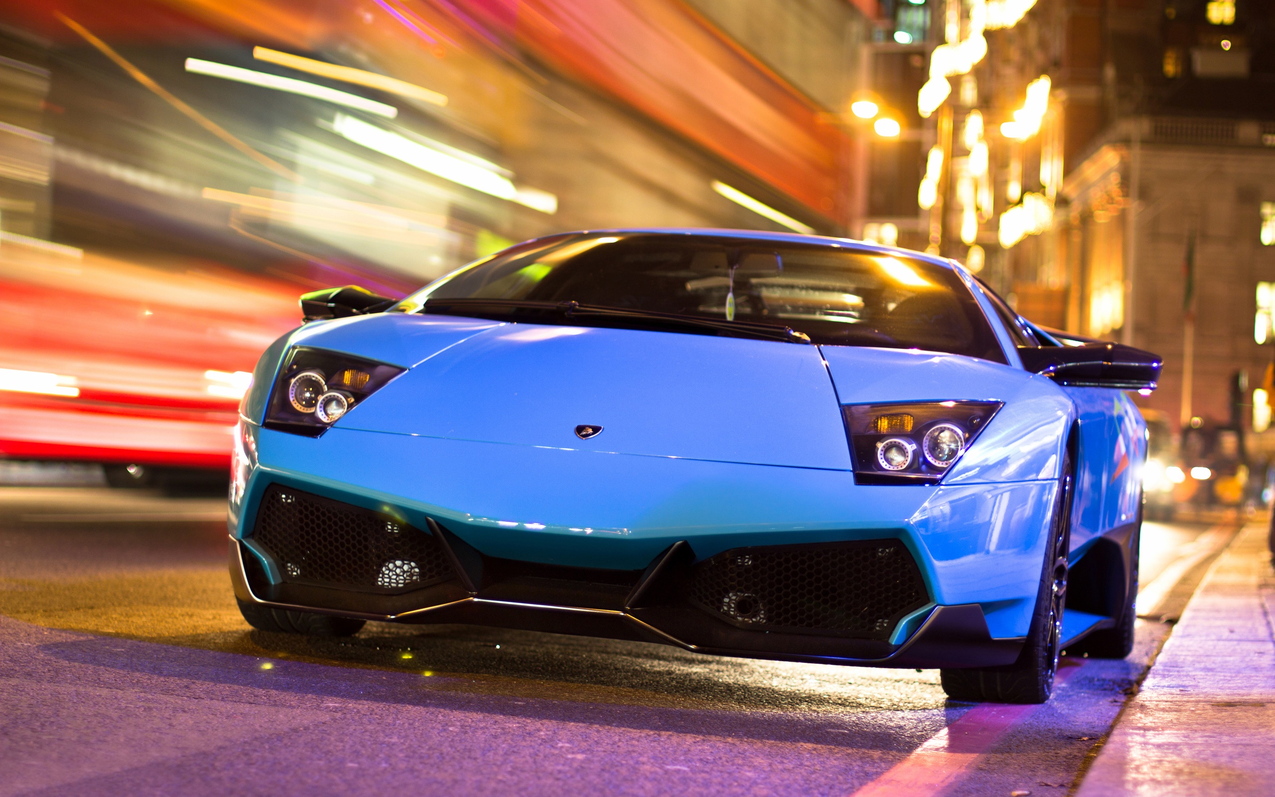 Wallpaper Lamborghini Blue Car In The City Night Road - Car In Night City - HD Wallpaper 