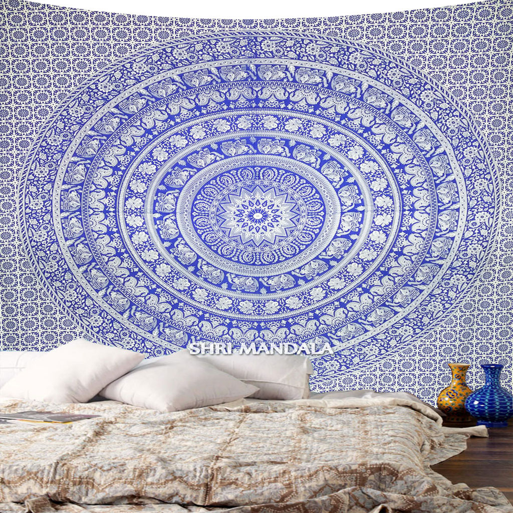 Blue And White Elephant Mandala Tapestry Wall Hanging - Black And White Elephant Wall Tapestry - HD Wallpaper 