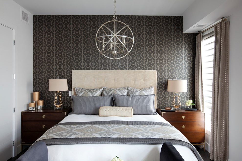 Wallpaper Behind Bed Bedroom Transitional With Upholstered - Bedroom Focal Point Wall - HD Wallpaper 