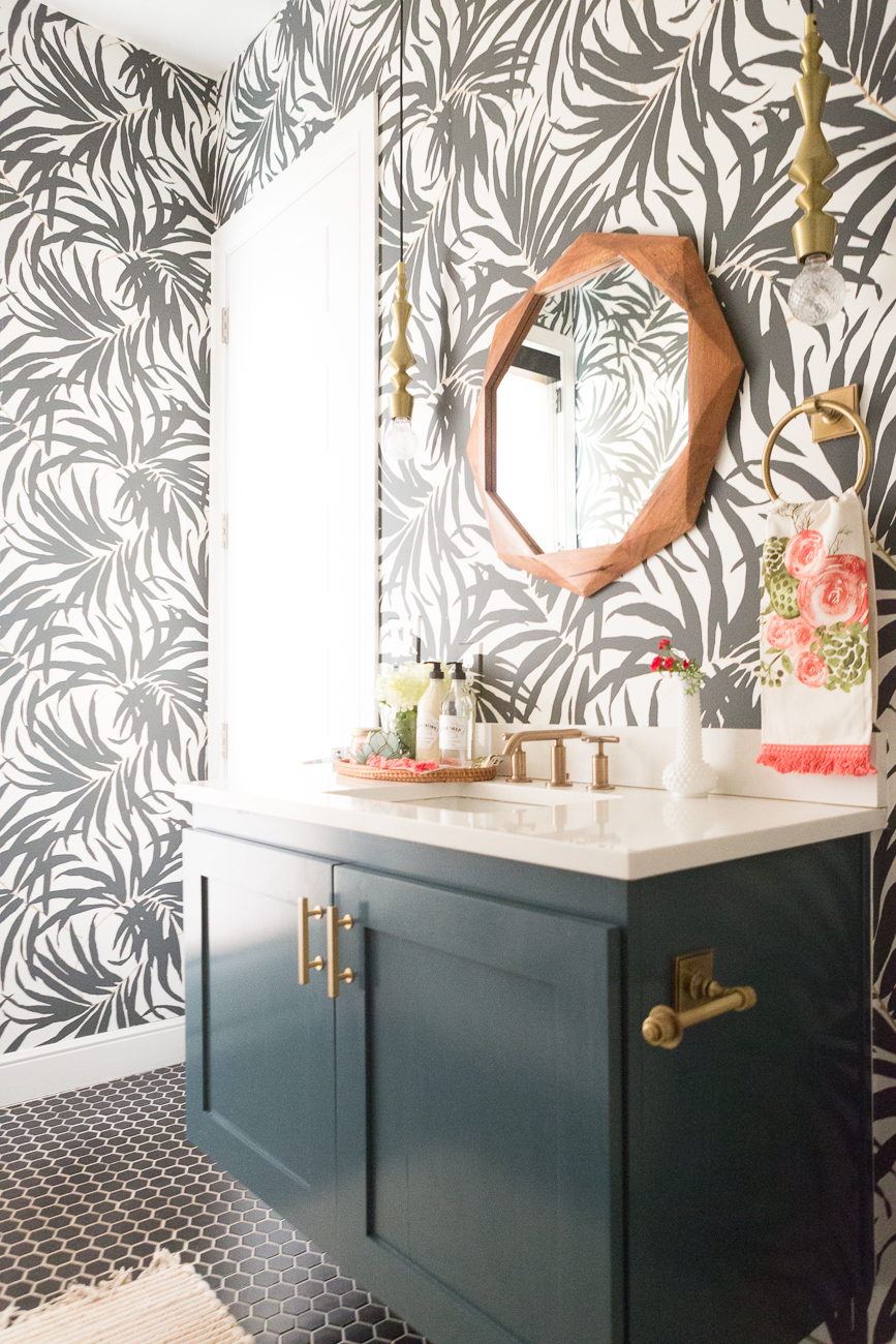 Pool Bathroom Reveal - World Market Hexagon Mirror - 867x1300 Wallpaper ...