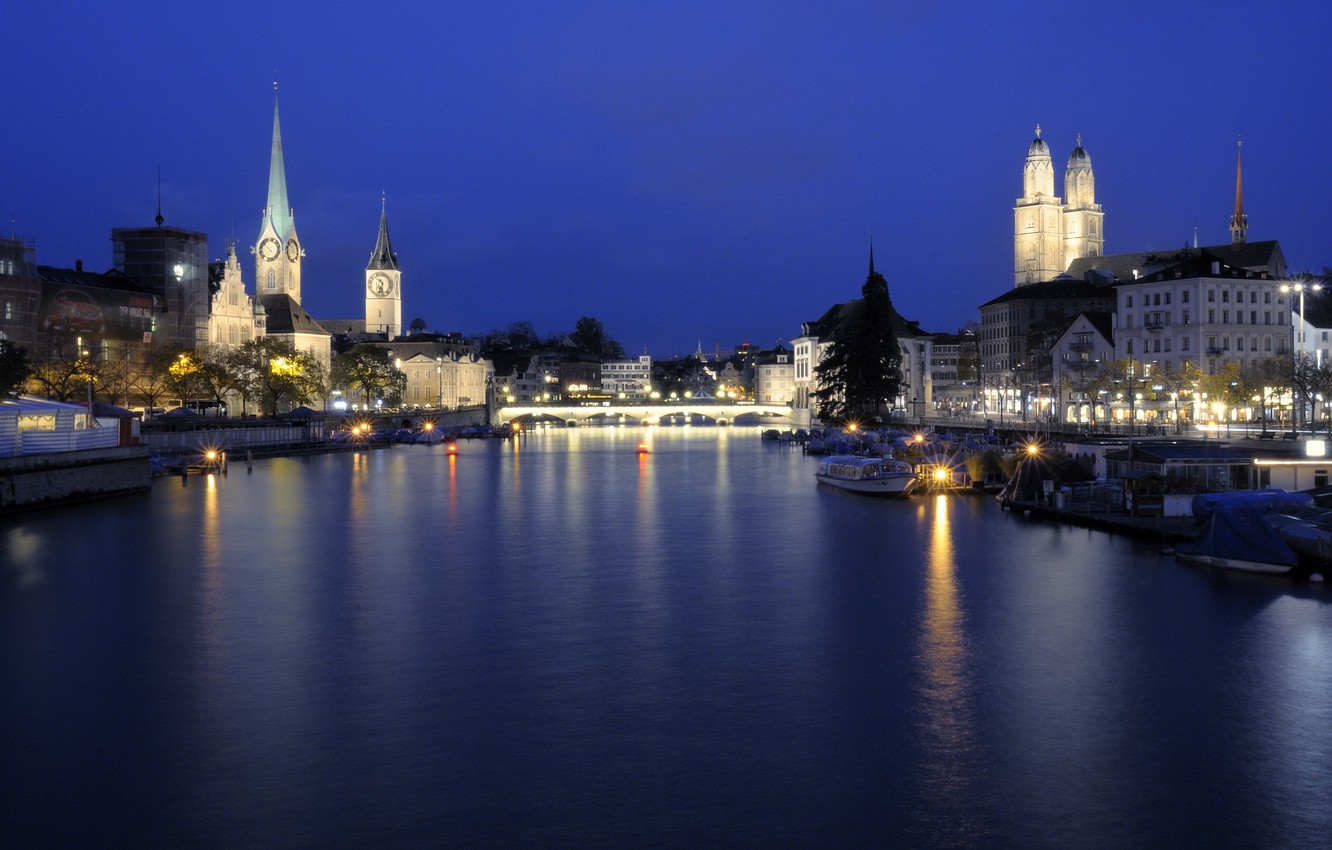 Photo Wallpaper The City, River, The Evening, Switzerland, - Zürich - HD Wallpaper 
