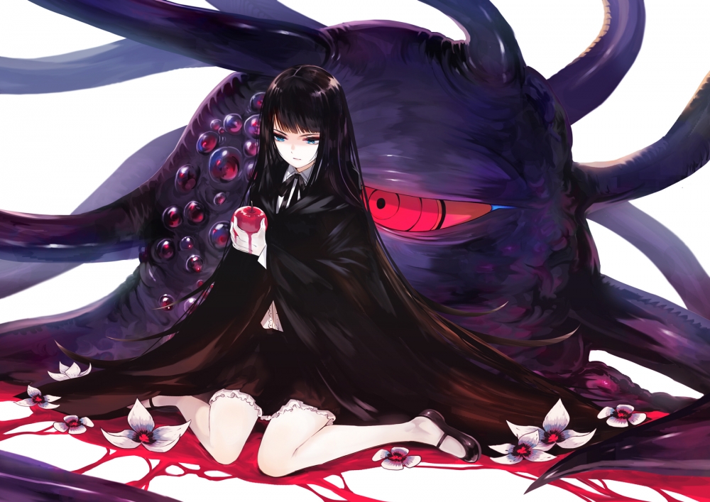 anime girl black hair sitting apple monster flower