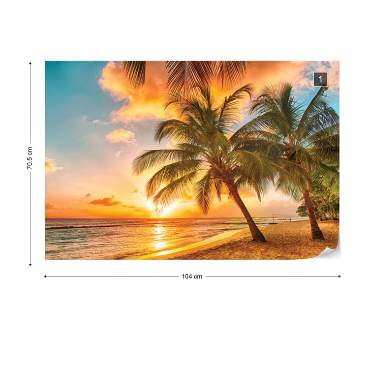 Tropical Beach Sunset Palm Trees Wallpaper Mural - Sunset Palm Tree Beach - HD Wallpaper 