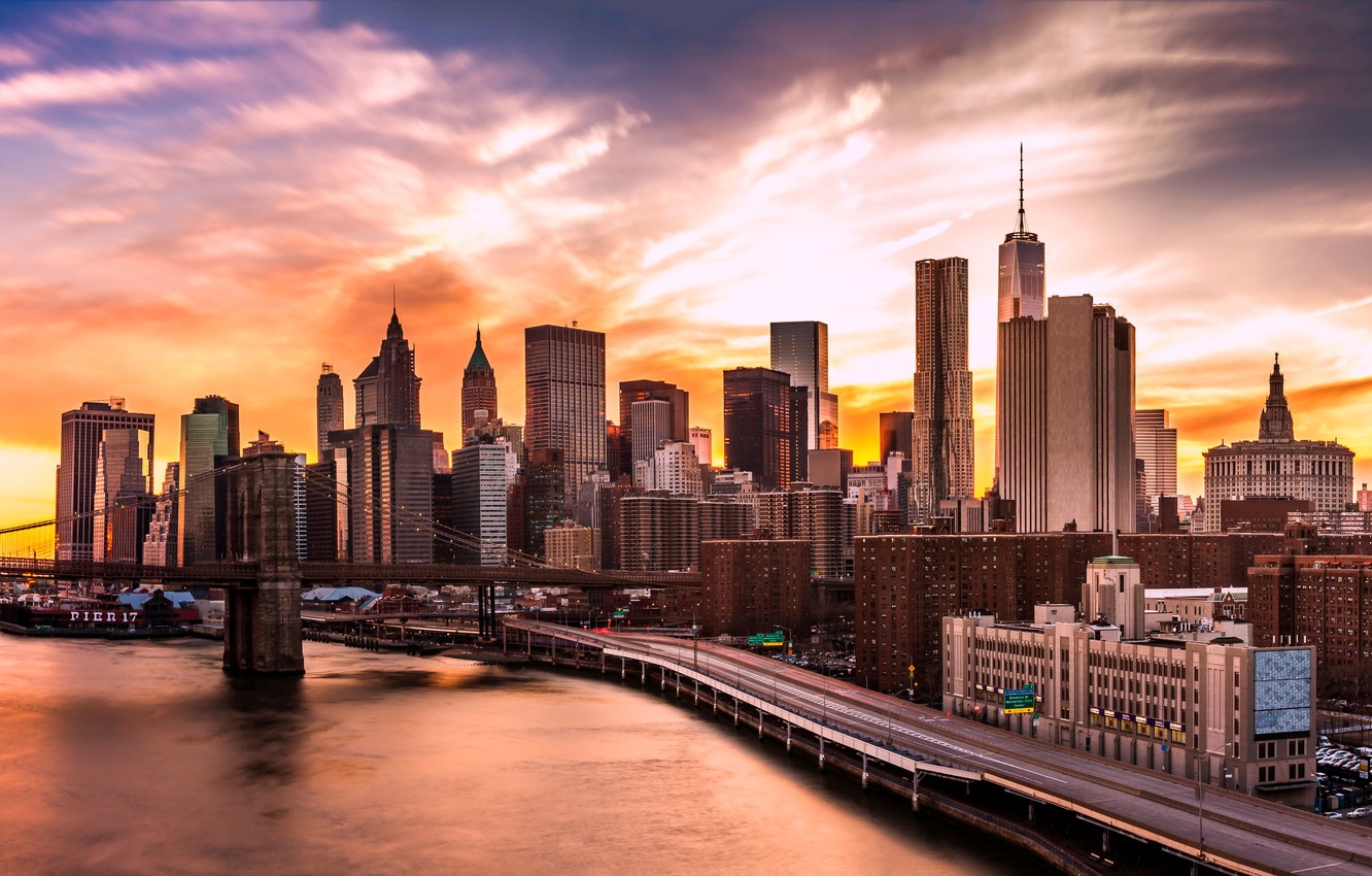 Photo Wallpaper Lights, Usa, River, Sky, Bridge, Sunset, - New York City Wallpaer Up - HD Wallpaper 