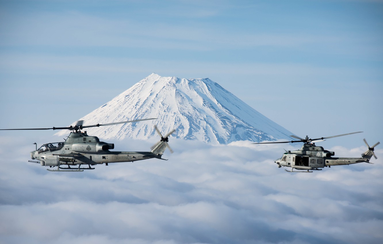 Photo Wallpaper Helicopter, Fuji, Uh 1y Venom, Us Marine - Ah 1z Attack ...