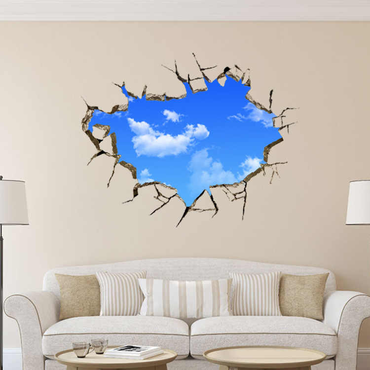 3d Blue Sky White Cloud Wallpaper Creative Wall Stickers - 3d Broken Wall Murals - HD Wallpaper 