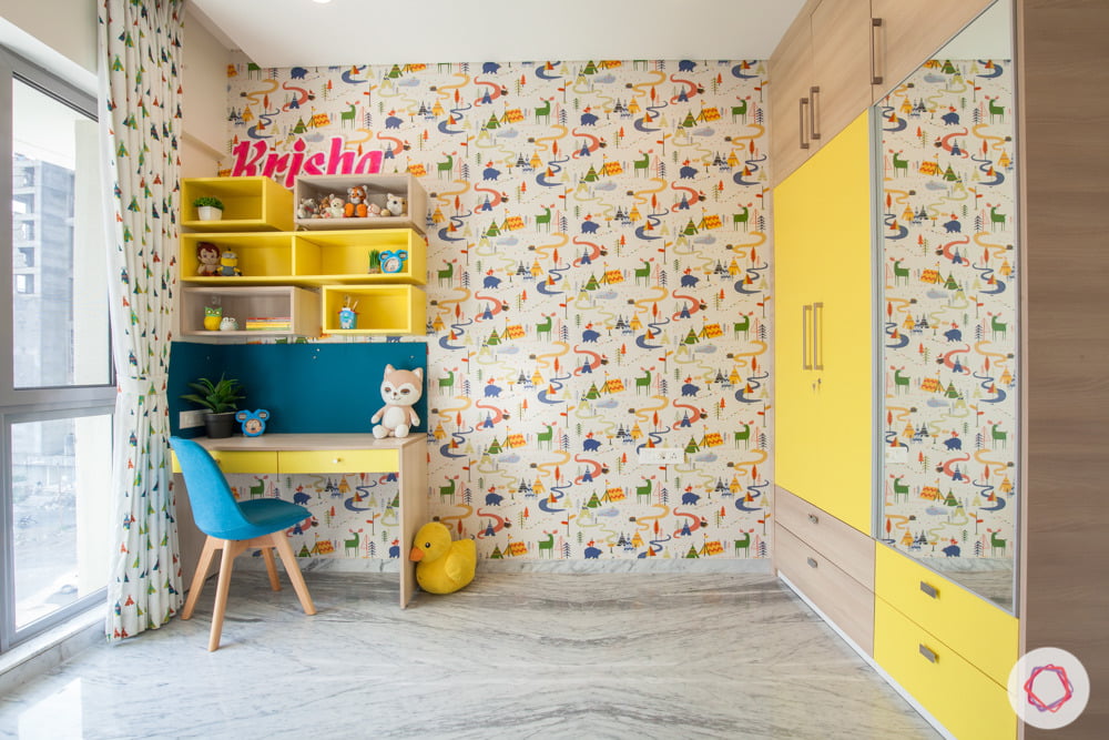 Yellow Study Table Printed Wallpaper Display Shelves - Wall - 1000x667 ...