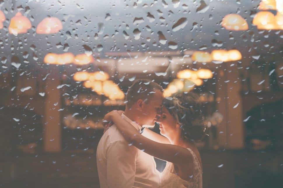 couple hug in rain