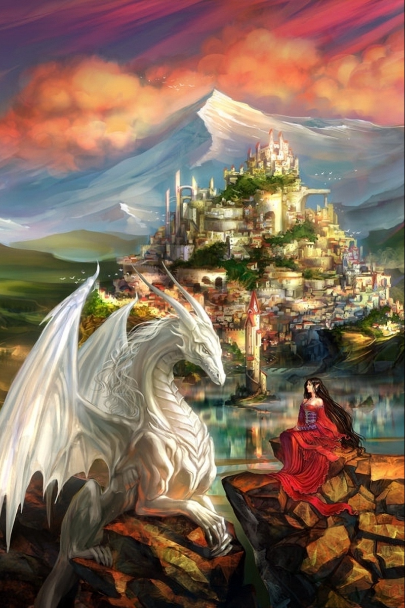 Wallpaper Dragon Castle Princess Mountain Landscape White Dragon And Girl 800x1200 Wallpaper Teahub Io