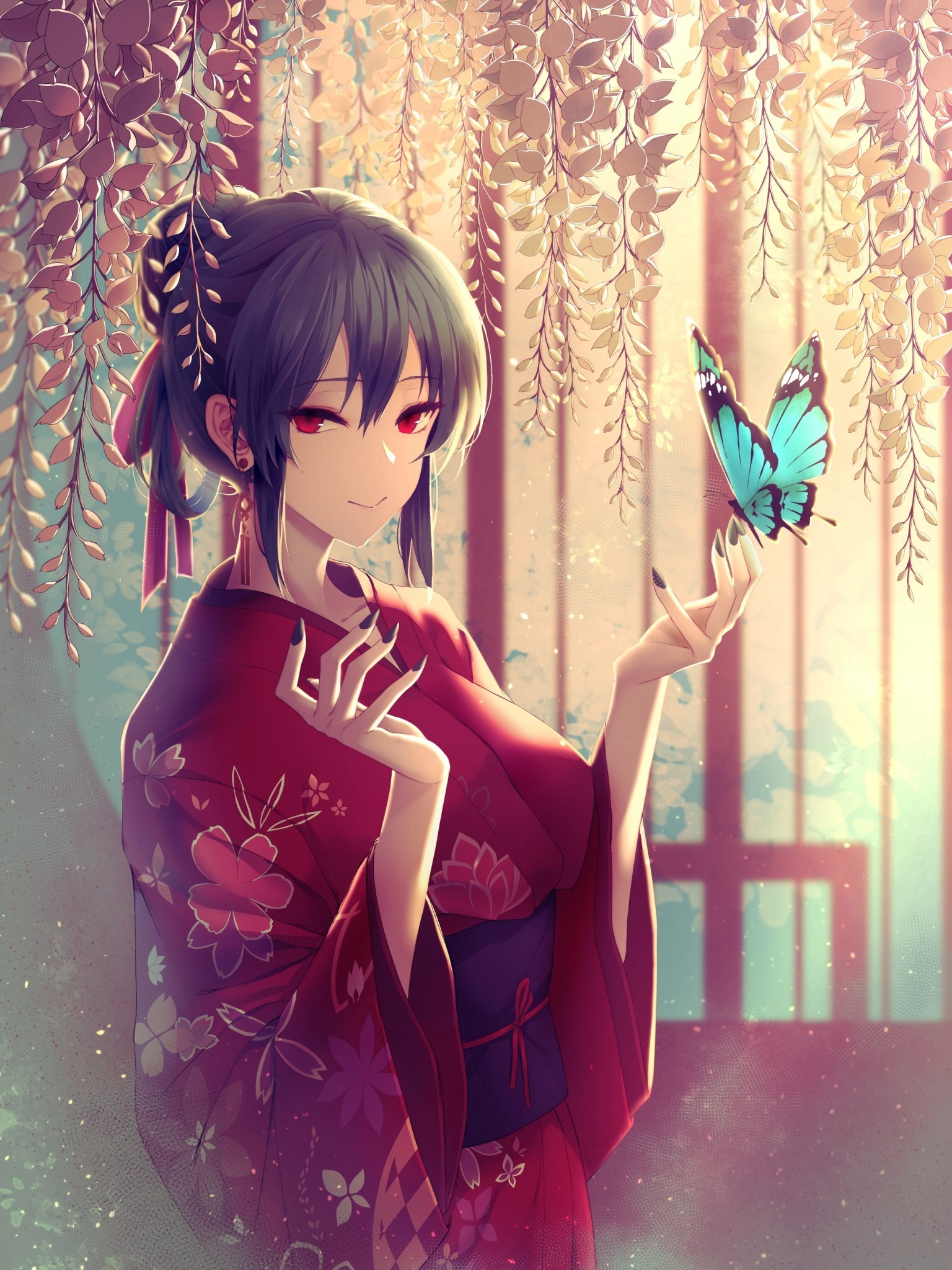 Anime Girl Kimono Blue Butterfly Short Hair Red Short Black Hair Blue Eyed Anime Girl 1536x48 Wallpaper Teahub Io