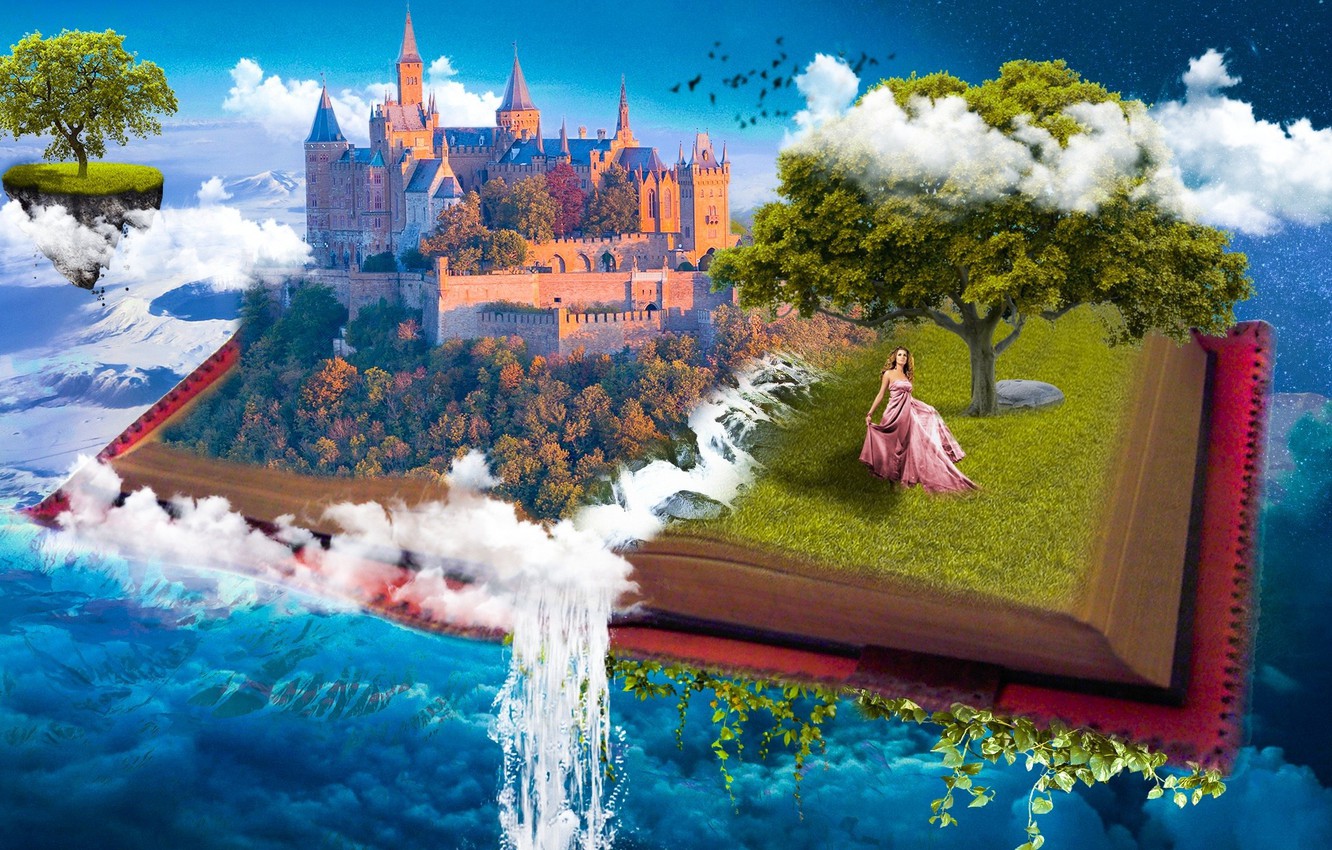 Photo Wallpaper The Sky Water Girl Clouds Castle Paradise Heaven Waterfall 1332x850 Wallpaper Teahub Io