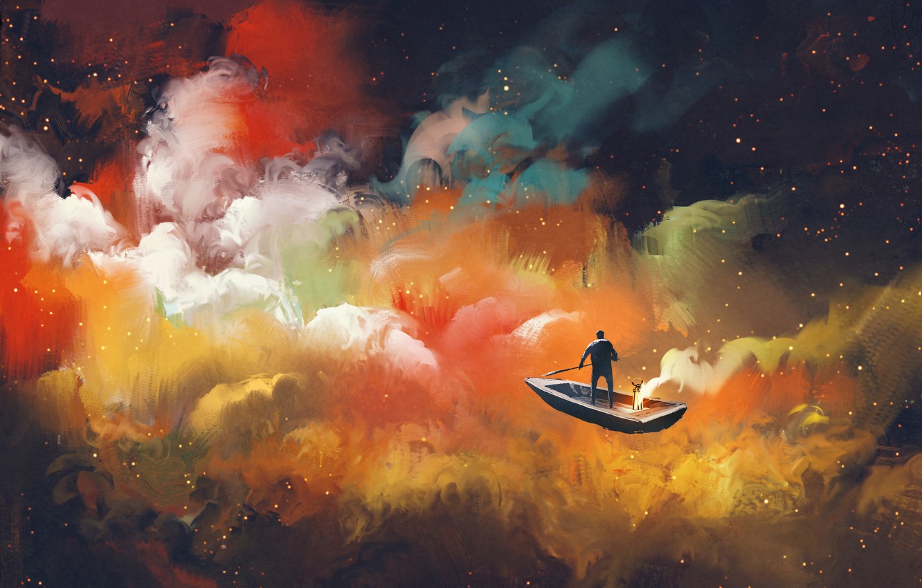 Photo Wallpaper Colors, Clouds, Boat, Rowing - Science Fiction - HD Wallpaper 