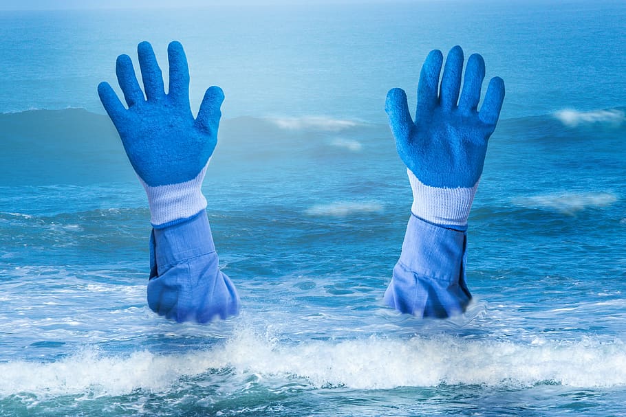 Pair Of Blue Gloves On Water, Hands, Drowning, Sea, - HD Wallpaper 