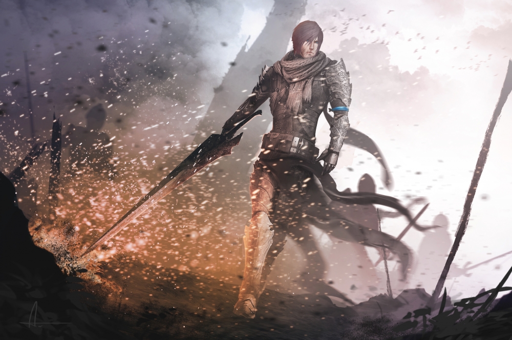 Fantasy Boy, Armored, Warrior, Sword, Flame, Scarf, - Warrior Fantasy Art Sword - HD Wallpaper 