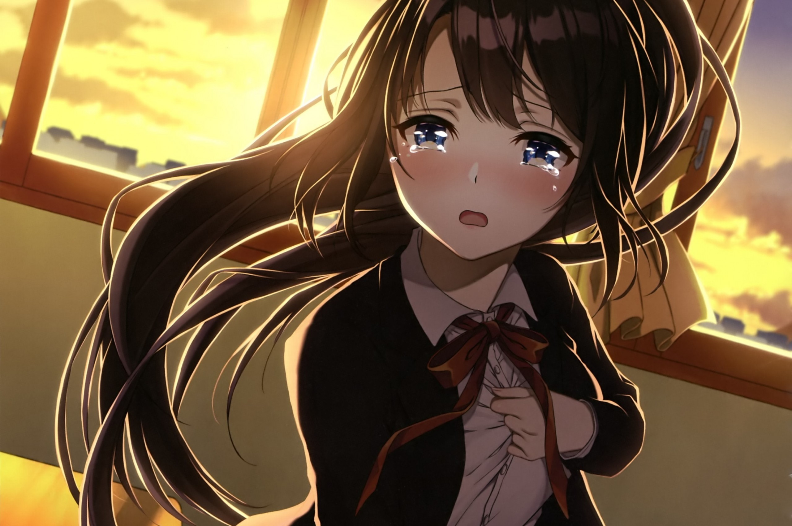 Anime Girl Crying Classroom Sad Face Brown Hair Sad Anime Girl Crying 2560x1700