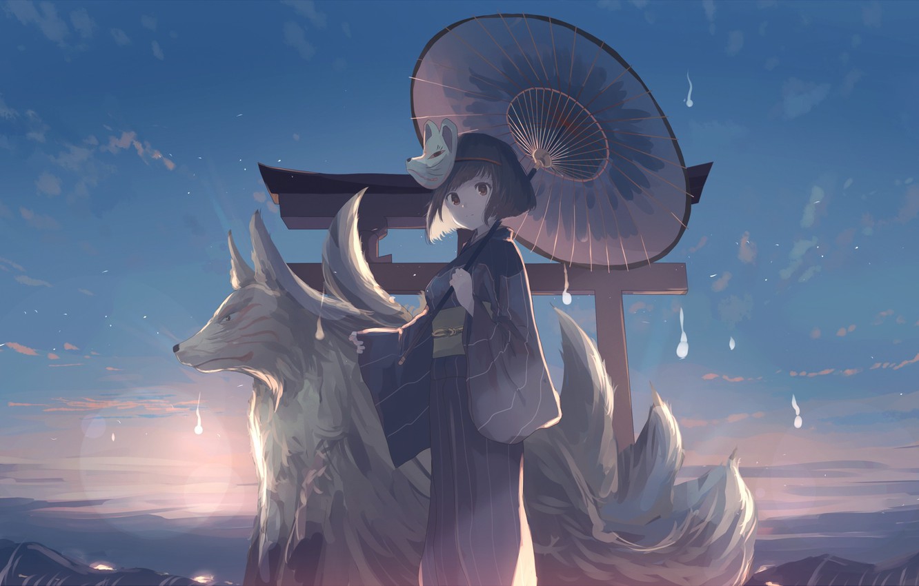 Photo Wallpaper The Sky, Girl, Clouds, Sunset, Mountains, - Wolf Anime ...