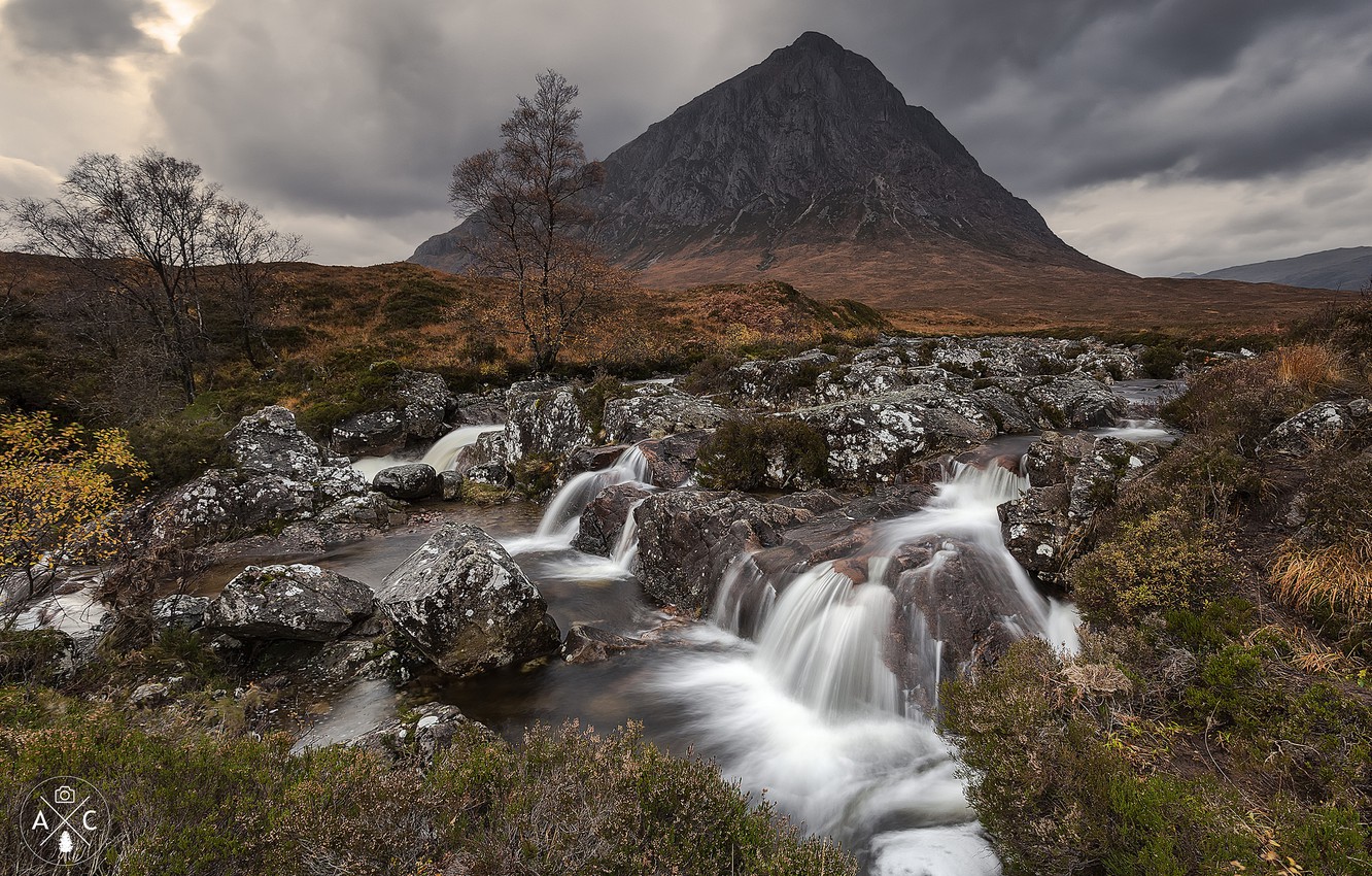 Photo Wallpaper Clouds, Stones, Mountain, Stream, Scotland 