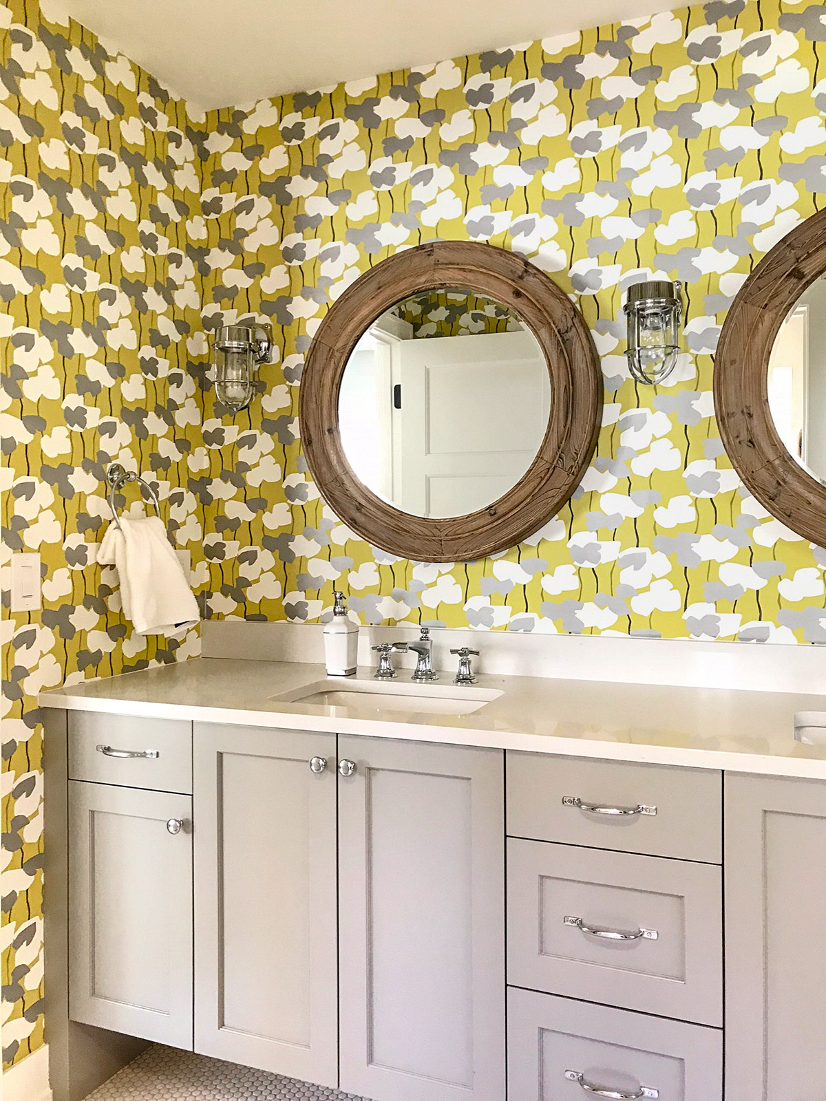 Bathroom With Bold Floral Wallpaper And Gray Vanity - Bathroom ...