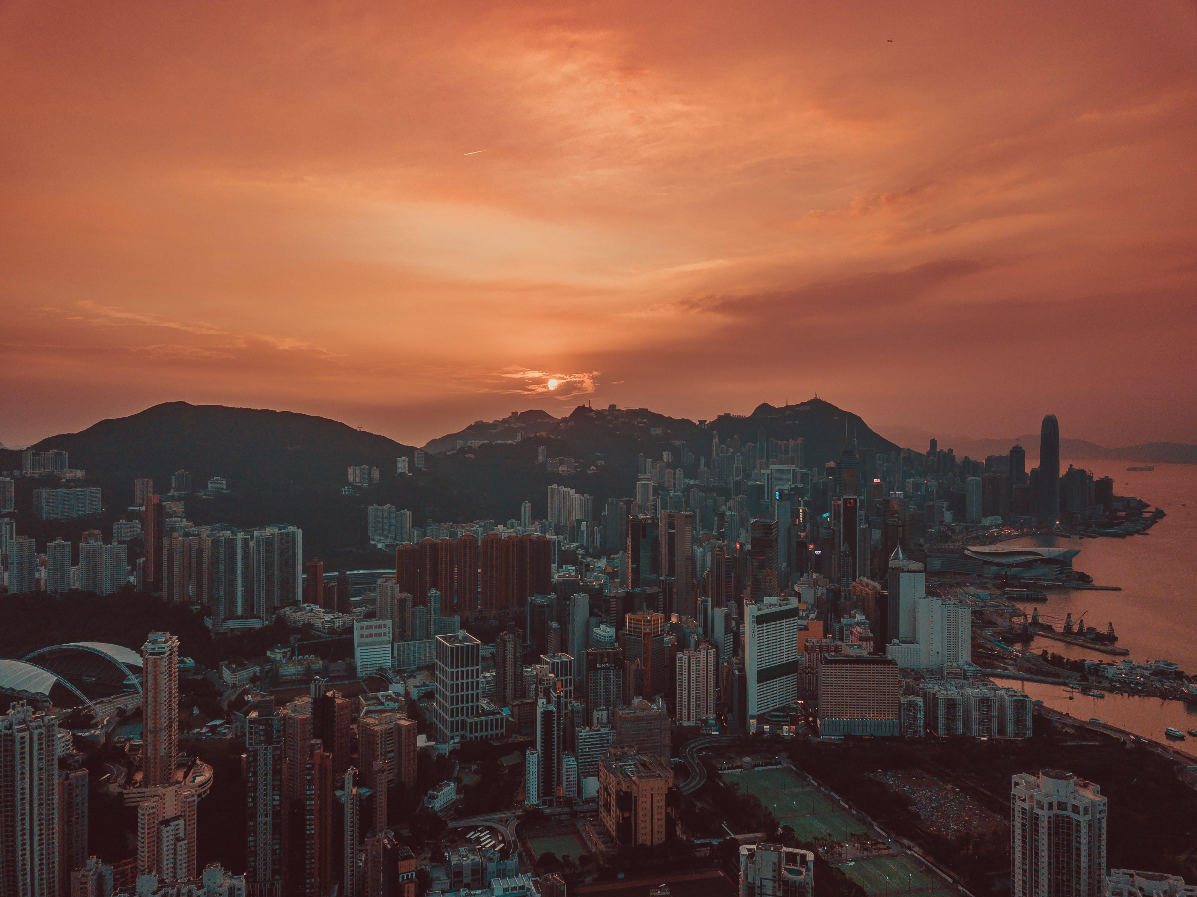 City, Sunset, Aerial View, Skyscrapers, Sky, Hong Kong - Wallpaper - HD Wallpaper 