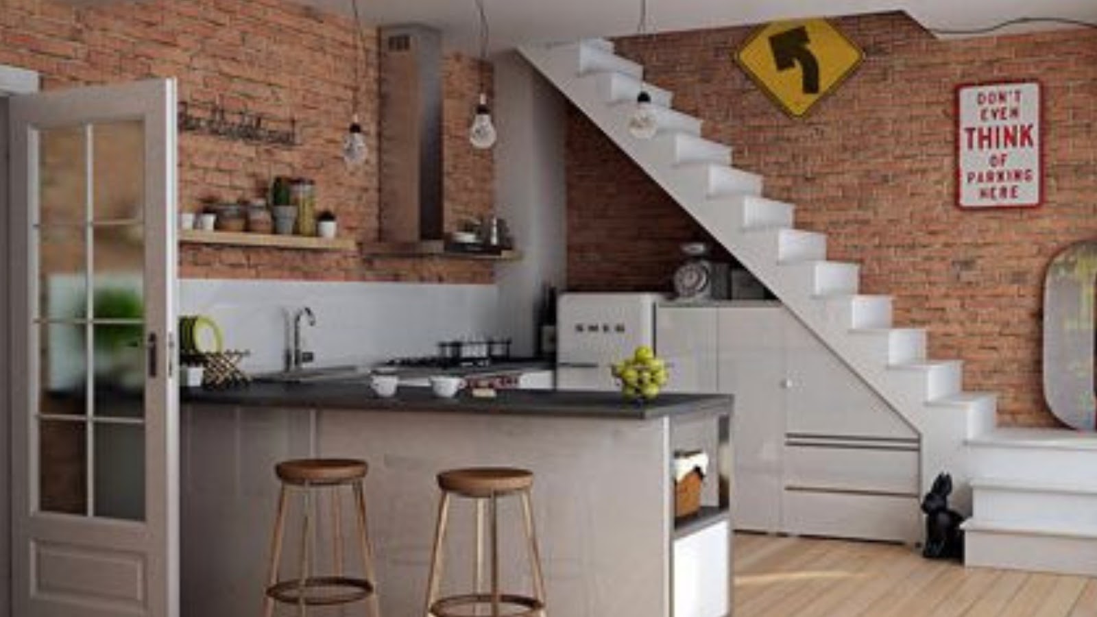 open kitchen design under stairs