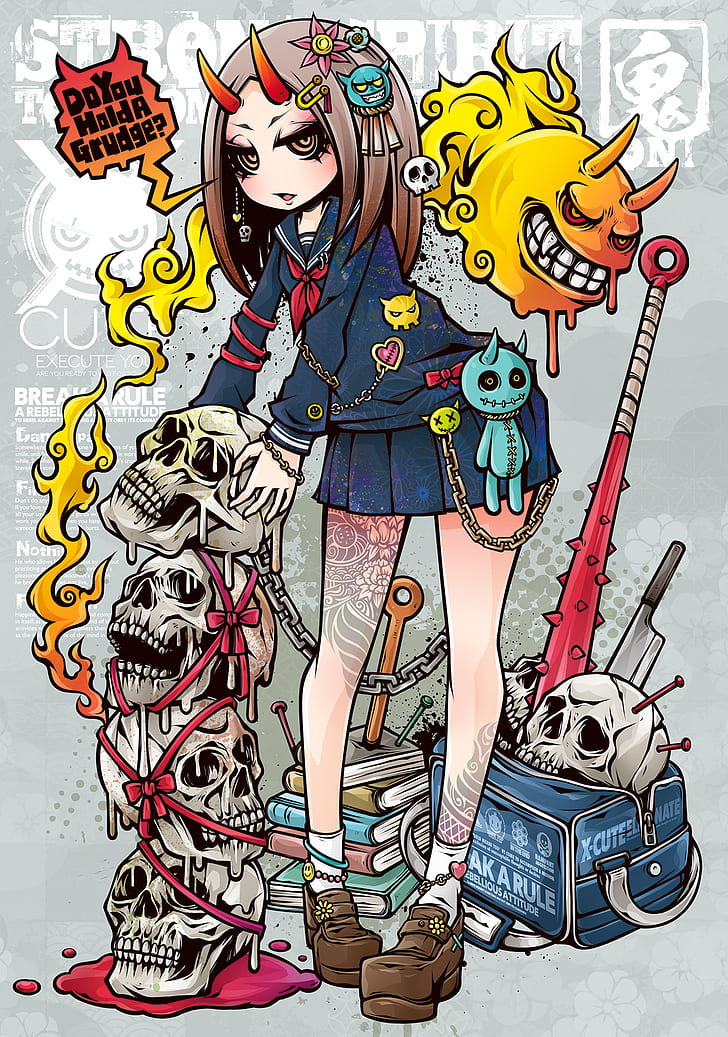 Anime Girls, Original Characters, Tattoo, Horns, Project - HD Wallpaper 
