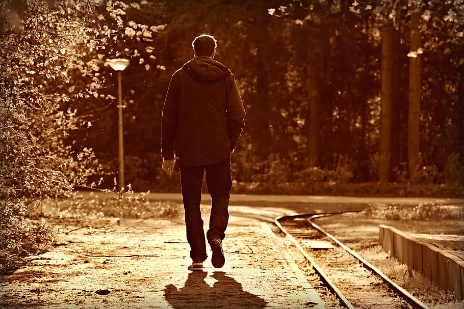 Man Walking Railway Park One Solitary Lonely Alone Is Not Easy Quotes 910x607 Wallpaper Teahub Io