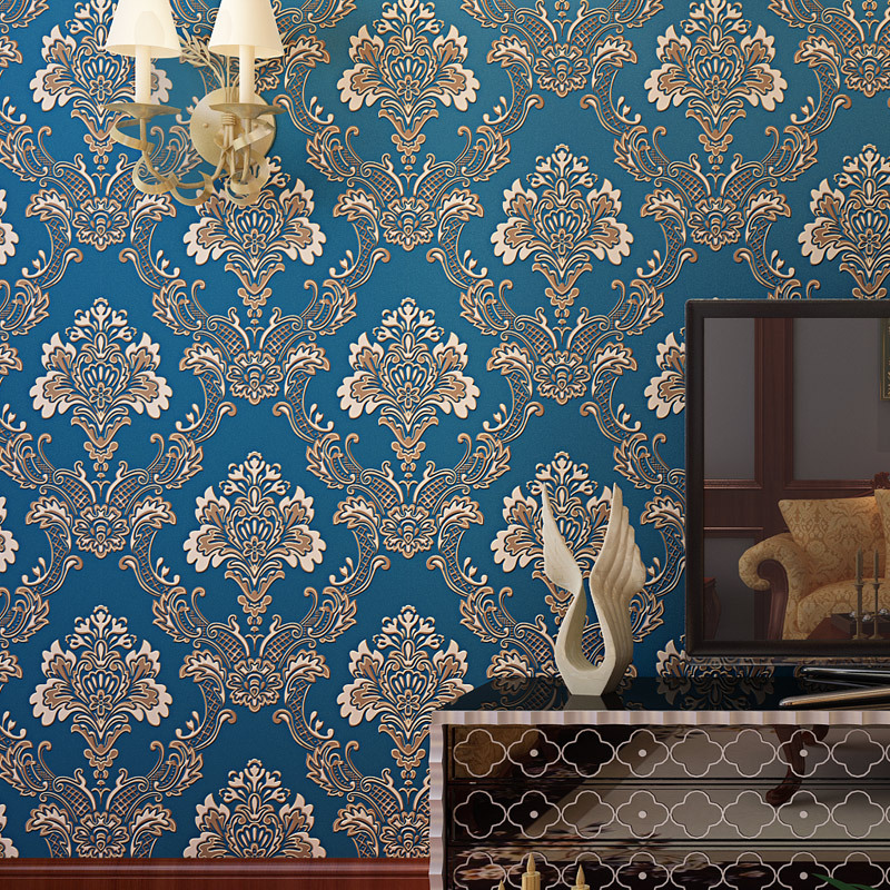 European Vintage Luxury Damask Wall Paper Non-woven - Papel De Colgadura Azul - HD Wallpaper 