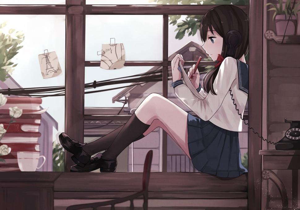 Wallpaper Girl Window Anime Art Sitting Girls
