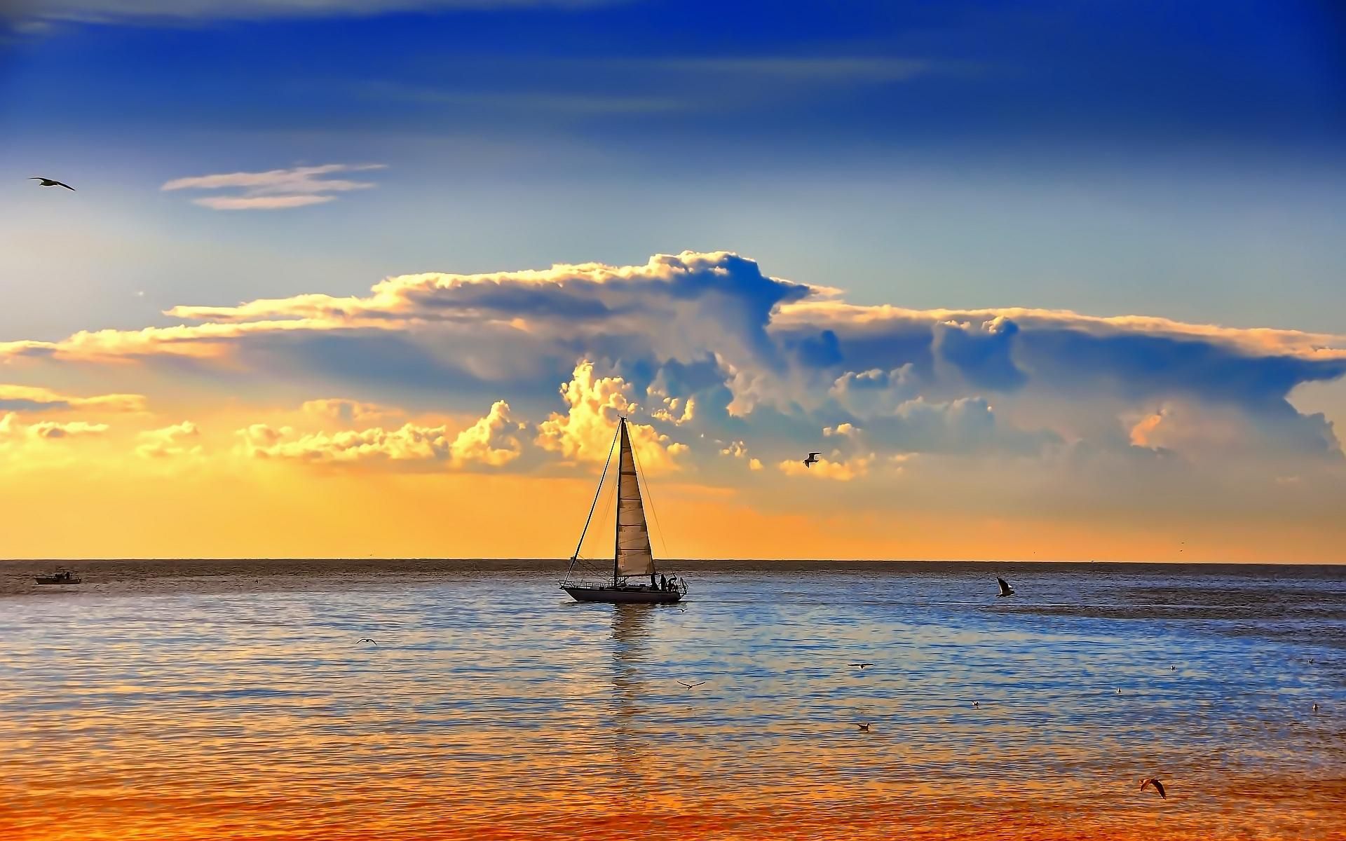 Sailboat In The Sea At Sunset Wallpaper - Sailboat Background - HD Wallpaper 