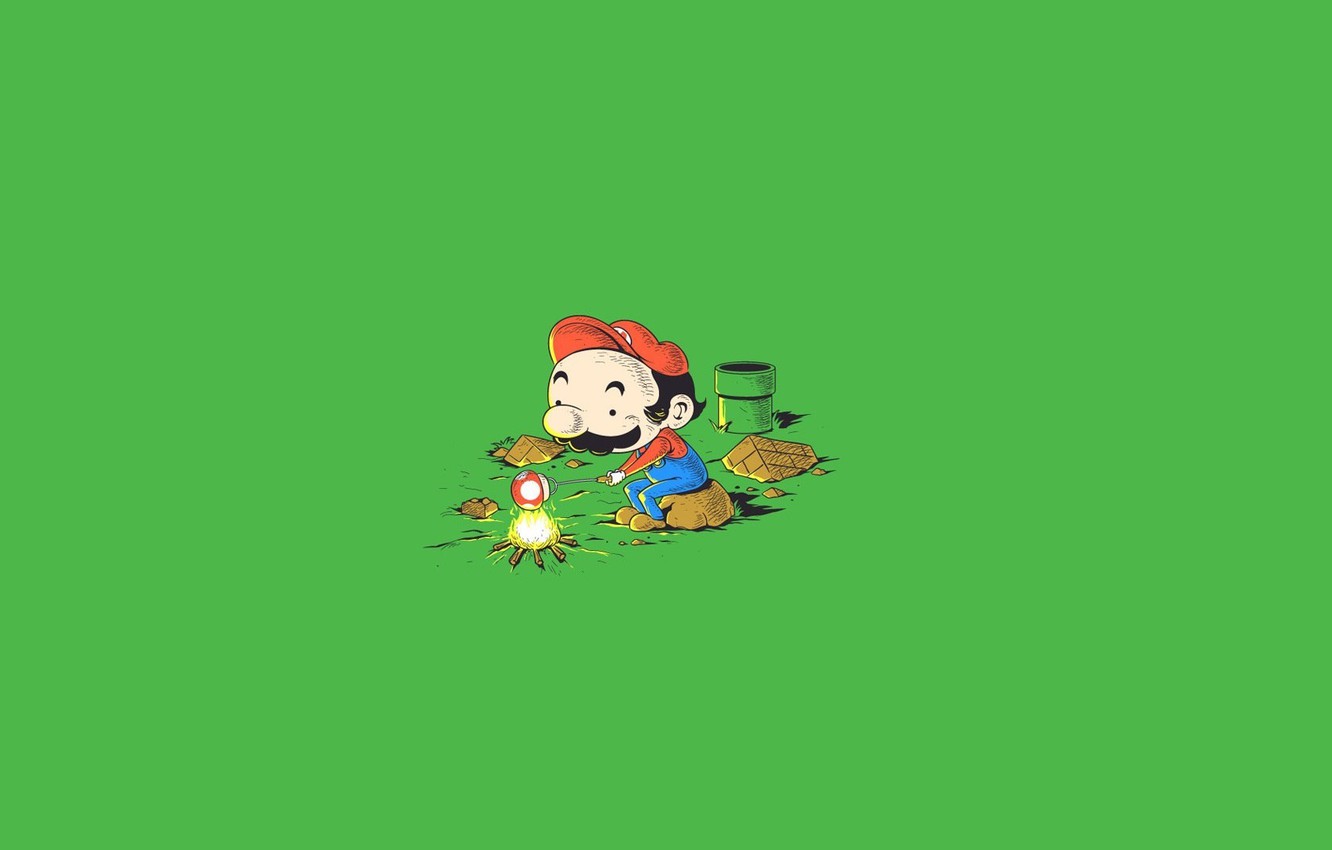 Photo Wallpaper Minimalism, Mushroom, Mario, Art, Green, - Cartoon ...