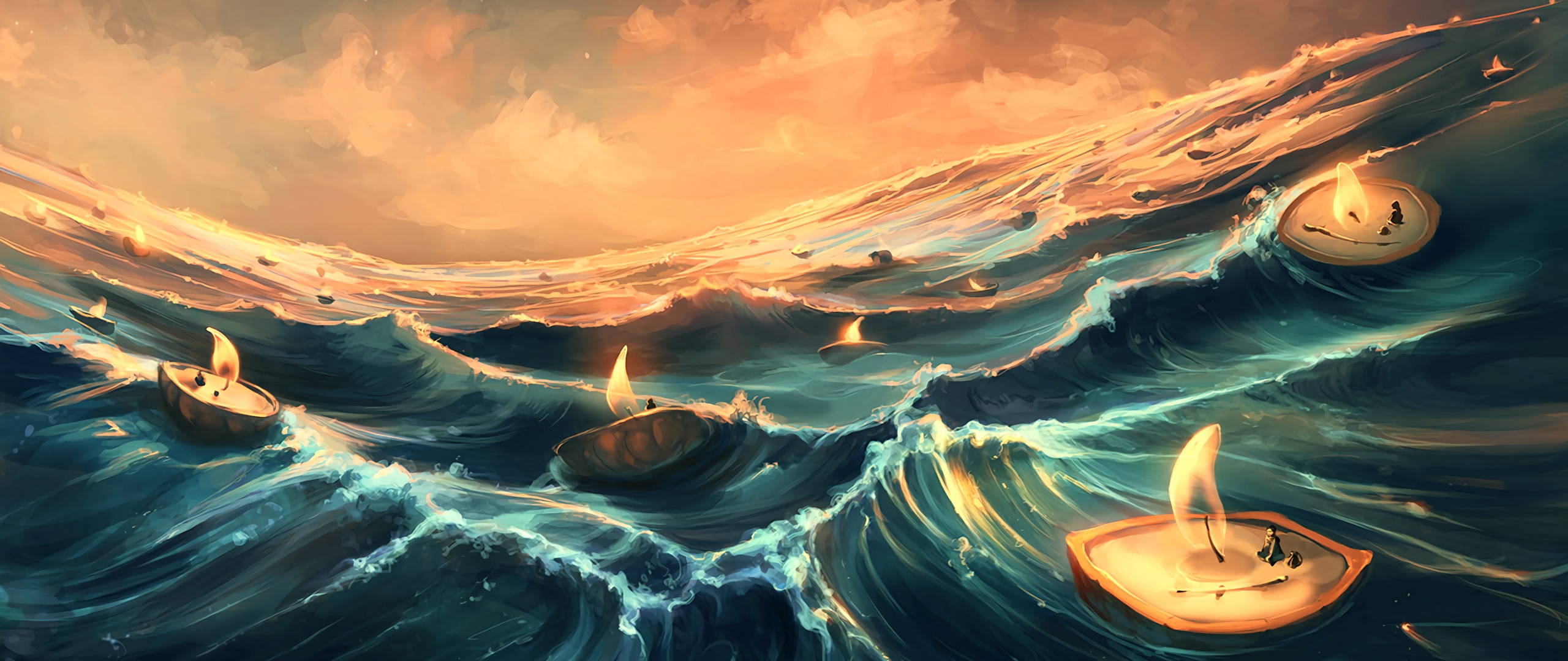 Wallpaper Sea Candles Waves Art Fantasy Waves Backgrounds 2560 X 1080 2560x1080 Wallpaper Teahub Io