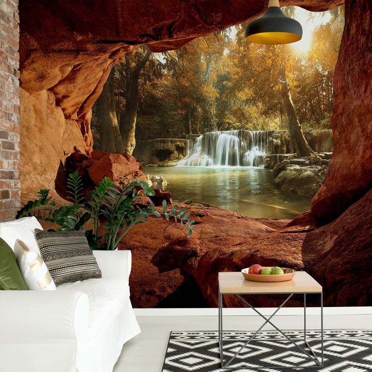 Lake Forest Waterfall Cave Wallpaper Mural - Cave Mural - 750x750 ...