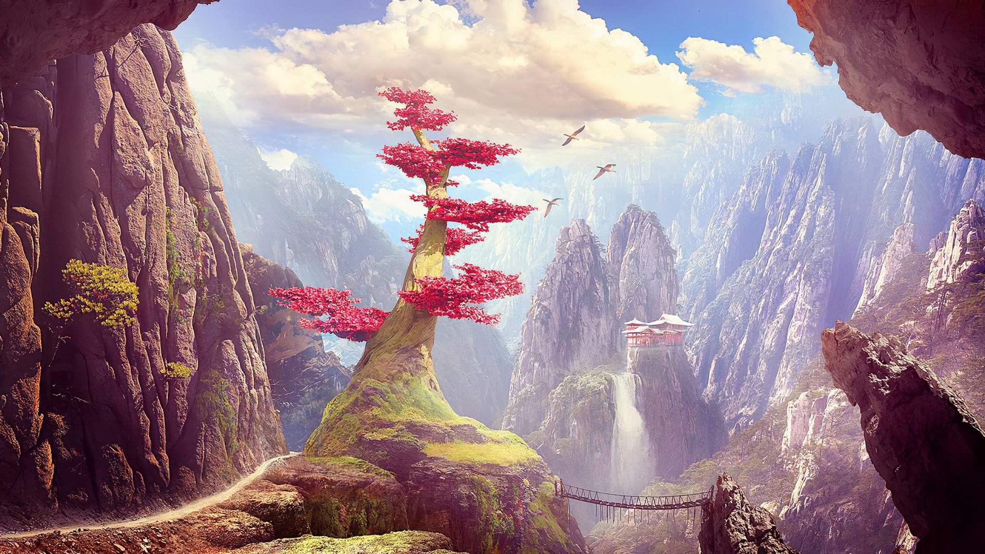 Fantasy Landscape Tree Waterfall 19x1080 Wallpaper Teahub Io