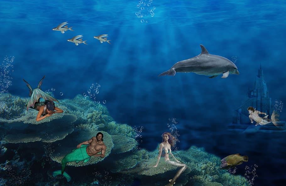 Mermaids And Merman Painting, Fantasy, Mystical, Siren, - Hintergrundbilder Die Sich Bewegen - HD Wallpaper 