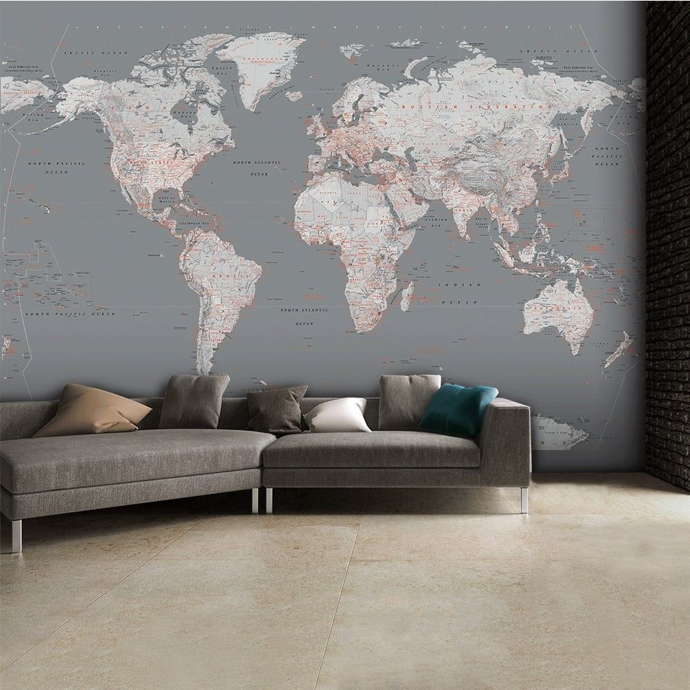 Contemporary Grey World Map Wallpaper Mural - 1000x1000 Wallpaper ...