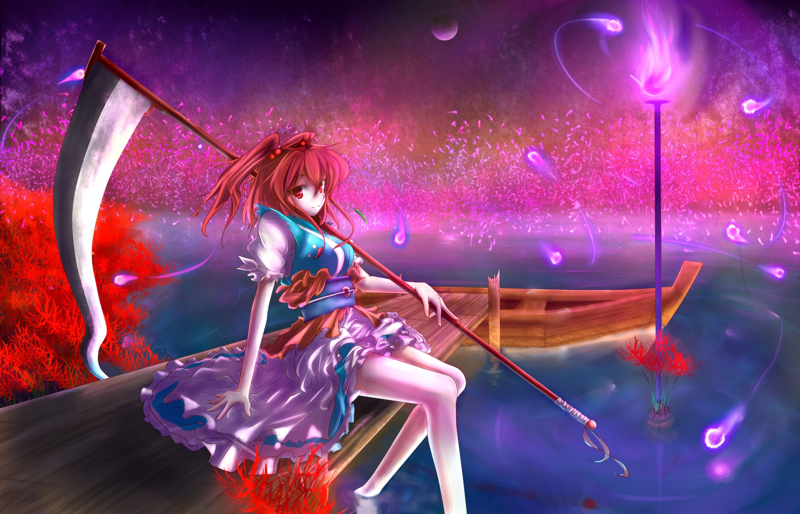 Wallpaper Girl, Water, Boat, Scythe, Evening - Touhou Wallpapers Komachi - HD Wallpaper 