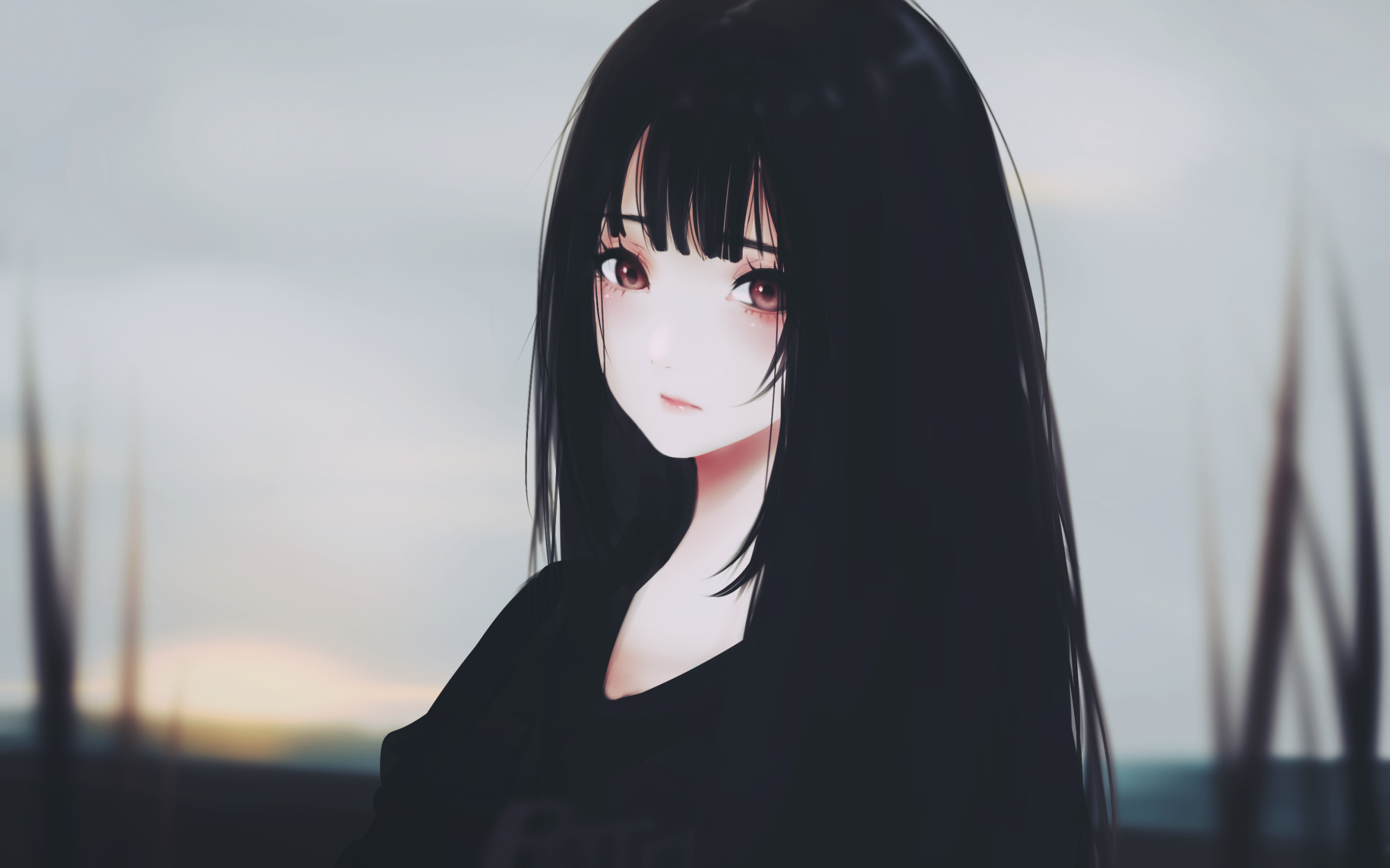 Anime Girl, Black Hair, Sad Expression, Semi Realistic - Beautiful Long Hair Anime Girl - HD Wallpaper 