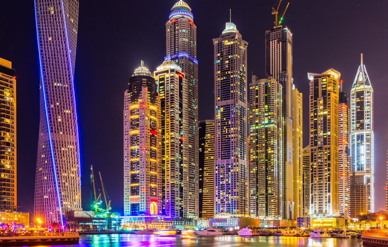 Photo Wallpaper City, Lights, Colorful, Dubai, Night, - Dubai Buildings At Night - HD Wallpaper 