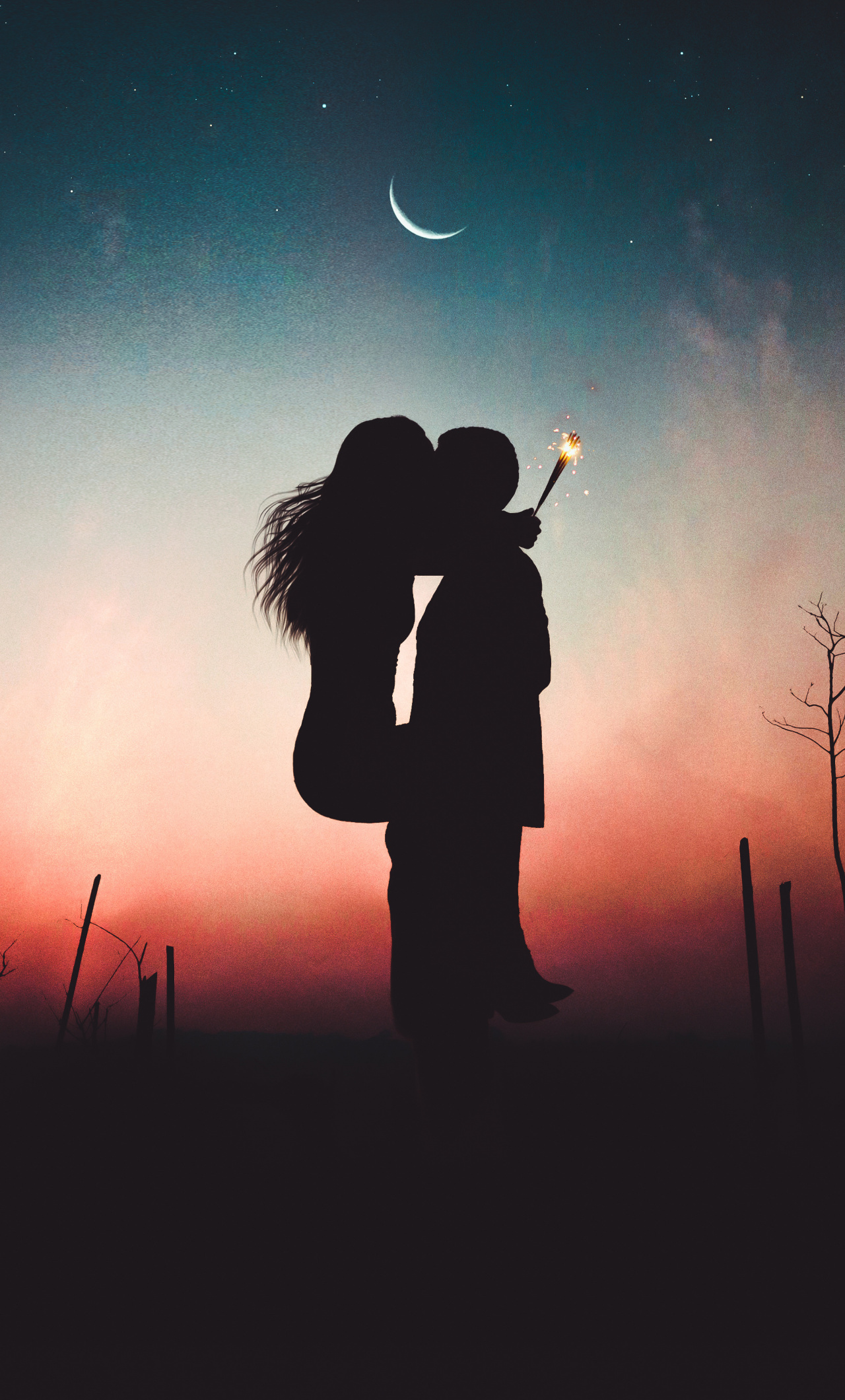 Couple, Lovers, Kiss, Romance, Sunset, Wallpaper - Couple Silhouette In Galaxy - HD Wallpaper 