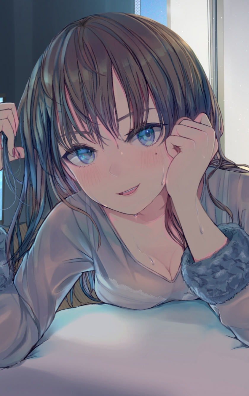 Anime Girl Brown Hair Cute Blue Eyes - 840x1336 Wallpaper - teahub.io